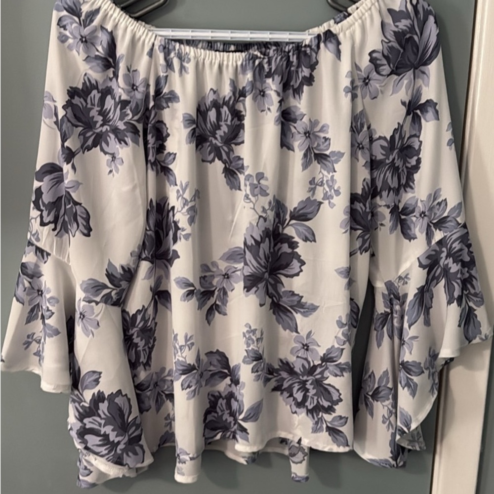 Eclipse White Off-Shoulder Blouse with Blue Floral Print